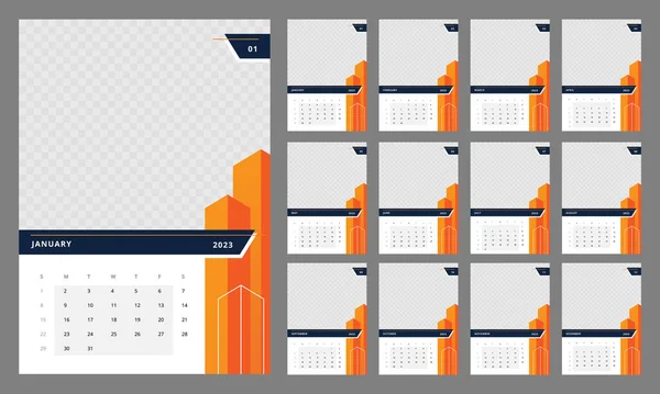 2023年の建築 建設サービスの壁カレンダーデザインテンプレート 編集可能な12ヶ月のページが設定されます 週は日曜日に始まります 毎月のカスタムポスターパック印刷の準備ができています 使用されるオープンサンスフォント — ストックベクタ