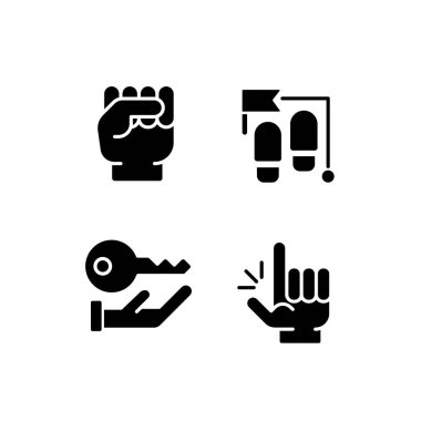 Goal setting black glyph icons set on white space. Development and progress. Process stages. Gesture. Corporate access. Silhouette symbols. Solid pictogram pack. Vector isolated illustration