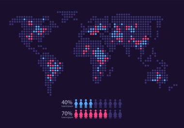 Society world map infographic chart design template dark theme. Male female comparison. Abstract infochart with editable contour. Instructional graphics. Visual data presentation. Myriad Pro font used