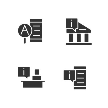 Bilgilendirme destek simgeleri beyaz alana ayarlanmış siyah sembol türleri. Güncel veriler. Çevrimiçi ve çevrimdışı servisler. Siluet sembolleri. Sağlam bir piktogram paketi. Vektör izole illüstrasyonu