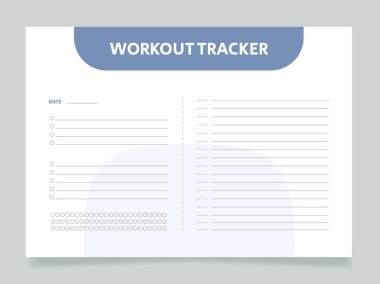 Daily workout tracker worksheet design template. Printable goal setting sheet. Editable time management sample. Scheduling page for organizing personal tasks. Arial Regular font used
