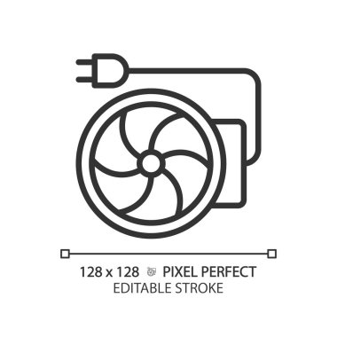 Çevrimiçi kanal fan doğrusal simgesi. Havalandırma donanımı. Elektrikli alet. Nem kontrolü. Isıtma ve soğutma. İnce çizgili çizim. Contour sembolü. Vektör çizimi. Düzenlenebilir vuruş