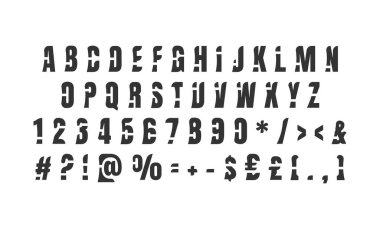 Siyah kalın kesim alfabe seti. Vektör dekoratif tipografi. Dekoratif yazı tipi. Başlıklar için Latince senaryo. Grafik posterleri, afişler, davetiye metinleri için moda harfler ve numaralar