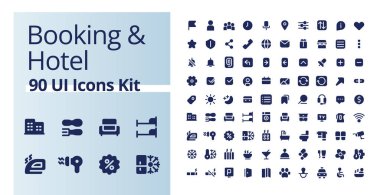 Rezervasyon ve otel siyah glyph ui icons kiti. Turistler için kalacak yer. Beyaz uzayda siluet sembolleri. Ağ ve cep telefonu için sağlam resimler. İzole vektör çizimleri. Poppins yazı tipi kullanımı