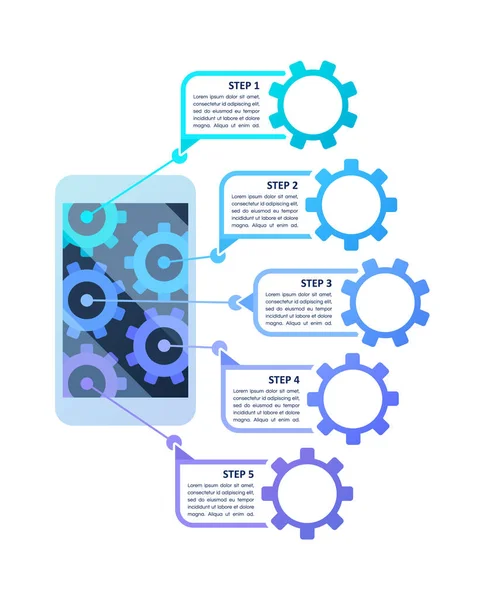 stock vector Mobile app infographic chart design template. Abstract infochart with copy space. Instructional graphics with 5 step sequence. Visual data presentation. Calibri Bold, Questrial Regular fonts used
