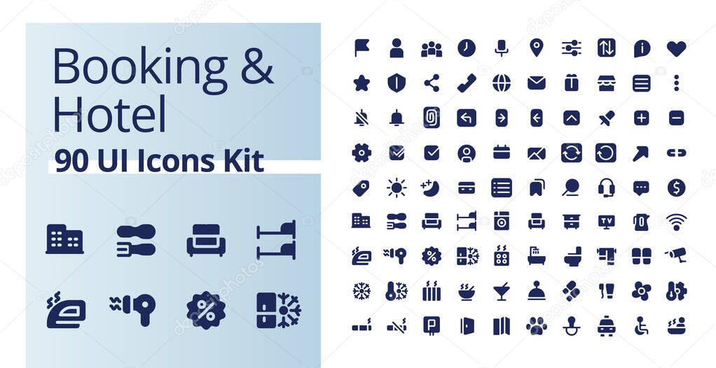 Booking and hotel black glyph ui icons kit. Accommodation for tourists. Silhouette symbols on white space. Solid pictograms for web, mobile. Isolated vector illustrations. Poppins font use