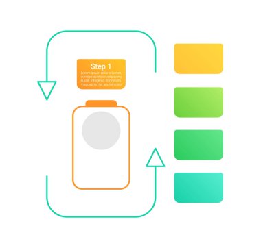 Batarya şarj göstergesi bilgi grafiği tasarım ögesi ayarlandı. Boş kopya boşluklu bilgi tablosu için soyut vektör sembolleri. Eğitici grafikler için şekilleri olan alet çantası. Görsel veri sunumu