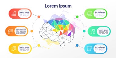 Tasarım düşünme enfografik çizelgesi tasarım şablonu. Kopyalama alanı olan soyut bilgi tablosu. Altı adımlı eğitici grafikler. Görsel veri sunumu. Arial, Segoe UI Emoji yazı tipleri kullanılmış