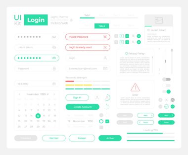 Login procedure UI elements kit. Security isolated vector components. Flat navigation menus and interface buttons template. Web design widget collection for mobile application with dark theme clipart