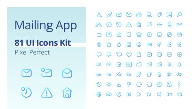 Uygulama piksel mükemmel gradyan ui simge kiti postalanıyor. İletişim teknolojisi. Çizgi kullanıcı arayüzü sembolleri. Modern tarz piktogramlar. Vektör izole edilmiş taslak çizimleri