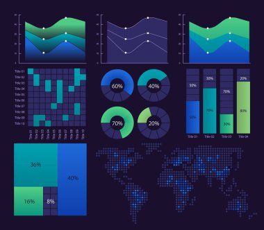 Bilimsel keşifler, karanlık tema için tanımlanmış bilgi grafiği tasarım şablonu. Görsel veri sunumu. Çubuk grafikler ve dairesel diyagramlar koleksiyonu. Kullanılan sayısız Değişken Kavram yazı tipi
