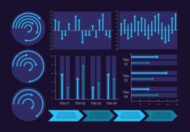 Koyu tema için iş büyümesi bilgi grafiği tasarım şablonu öngörüsü. Görsel veri sunumu. Düzenlenebilir çubuk grafikleri ve dairesel diyagramlar. Kullanılan sayısız Değişken Kavram yazı tipi