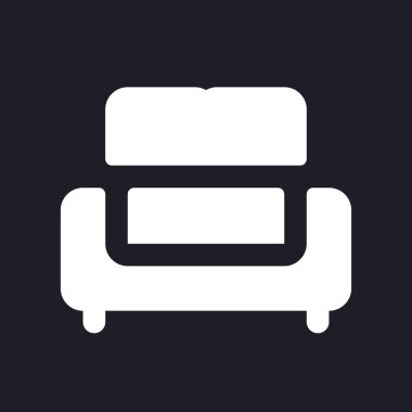 Kanepe karanlık mod glyph ui simgesi. Rahat bir mobilya parçası. Kullanıcı arayüzü tasarımı. Siyah uzayda beyaz siluet sembolü. Ağ ve cep telefonu için sağlam bir resim. Vektör izole illüstrasyonu