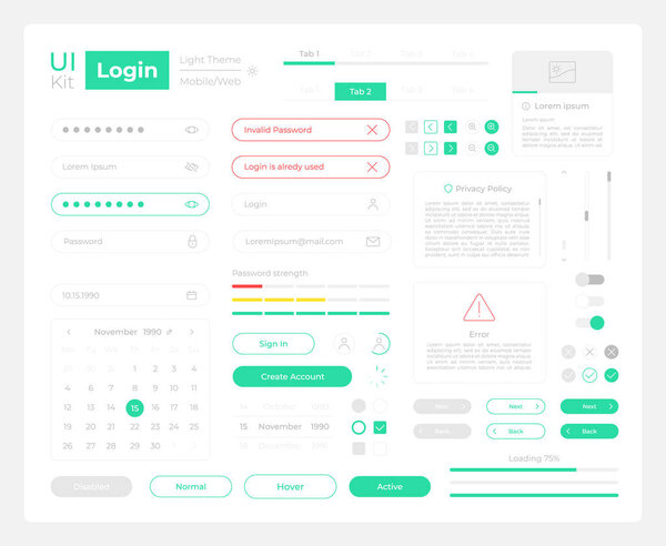 Login procedure UI elements kit. Security isolated vector components. Flat navigation menus and interface buttons template. Web design widget collection for mobile application with dark theme