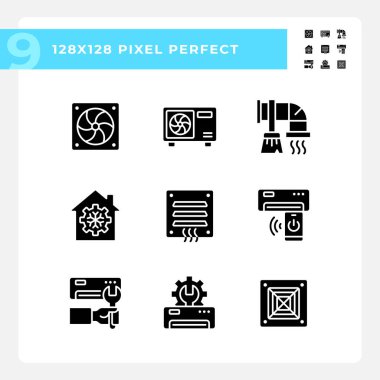 Isıtma ve soğutma siyah kabartma simgeleri beyaz uzaya ayarlandı. Havalandırma sistemi. Klima. Sıcaklık kontrolü. Siluet sembolleri. Sağlam bir piktogram paketi. Vektör izole illüstrasyonu