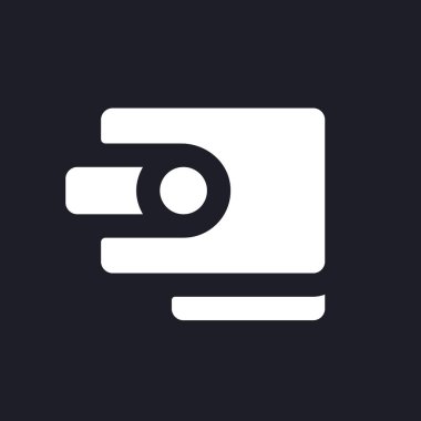 Cüzdan koyu mod glyph ui simgesi. Çevrimiçi ödeme servisi. Web sitesi elemanı. Kullanıcı arayüzü tasarımı. Siyah uzayda beyaz siluet sembolü. Ağ ve cep telefonu için sağlam bir resim. Vektör izole illüstrasyonu