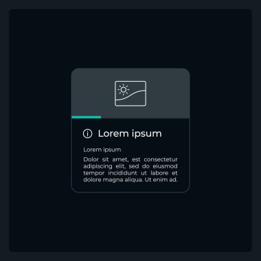 Resim bilgisi UI ögesi şablonu. Düzenlenebilir izole vektör gösterge paneli bileşeni. Düz kullanıcı arayüzü. Görsel veri sunumu. Koyu temalı mobil uygulama için web tasarım gereci