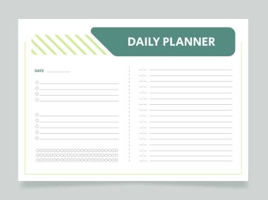 Daily business planner worksheet design template. Printable goal setting sheet. Editable time management sample. Scheduling page for organizing personal tasks. Arial Regular font used