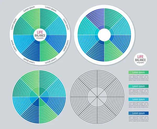 Yaşam çarkı bilgi grafiği tasarım elemanı ayarlandı. Boş kopya boşluklu bilgi tablosu için soyut vektör sembolleri. Eğitici grafik kiti. Acumin, Myriad Değişkeni Kullanılan Kavram yazı tipleri