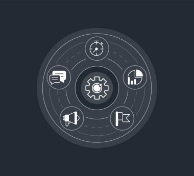 Beyaz simgeli iş konsepti tasarım şablonu teknolojisi. Soyut arkaplanda düzenlenebilir düz resimli bilgi grafikleri. Reklam, web afişi, iş sunumu için vektör illüstrasyonu