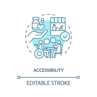 Erişilebilirlik turkuaz konsept simgesi. Engel yok. Kamu hizmeti. Yardım et. Engelli erişimi. Sosyal kapsama soyut fikir ince çizgi çizimi. İzole bir taslak çizim. Düzenlenebilir vuruş