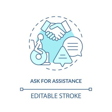 Yardım için turkuaz konsept simgesi isteyin. Engelli servisi. Öncelikli yolcu alımı. Ulaşım güvenliği soyut fikir ince çizgi çizimi. İzole bir taslak çizim. Düzenlenebilir vuruş