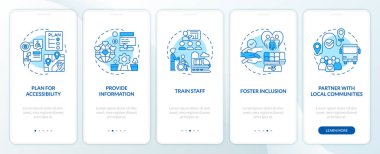 Mobil uygulama ekranında özel seyahat mavisi. Çizgisel kavramlarla düzenlenebilir 5 adımlı bariyer serbest geçişi. UI, UX, GUI şablonu. Kullanılan sayısız Pro-Kalın, Düzenli yazı tipleri
