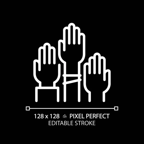 Pixel Perfecte Witte Lineaire Pictogram Van Mensen Met Opgeheven Handen — Stockvector