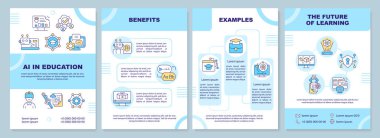Eğitimde yapay zeka mavi broşür şablonu, doğrusal simgelerle broşür tasarımı. Fütüristik öğrenmeyi temsil eden 4 vektör düzeni.