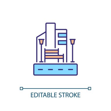 Kamusal alan RGB renk simgesi. Şehir çevresi. Modern mimari. Şehir sokağı. Ulaşım altyapısı. Gayrimenkul. İzole vektör çizimi. Basit bir çizgi çizimi. Düzenlenebilir vuruş