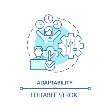 Adaptasyon turkuaz konsept simgesi. Zorluğun üstesinden gel. Zaman dilimi. Esnek çalışma saatleri. Uzaktan kumanda. Yumuşak yetenek soyut fikir ince çizgi çizimi. İzole bir taslak çizim. Düzenlenebilir vuruş