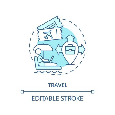 Seyahat turkuaz konsept simgesi. Wi-fi bölgesi. Bilgisayarda çalışıyorum. Serbest çalışan biri. E işi. Laptop yaşam tarzı soyut fikir ince çizgi çizimi. İzole bir taslak çizim. Düzenlenebilir vuruş