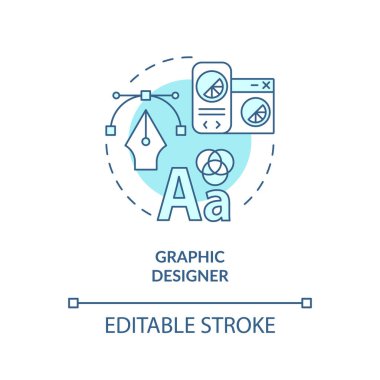 Grafik tasarımcı turkuaz konsept simgesi. Yaratıcı uğraş. Dijital yetenek. Serbest çalışan biri. Görsel iletişim soyut fikri ince çizgi çizimi. İzole bir taslak çizim. Düzenlenebilir vuruş