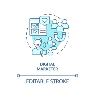 Dijital pazarlamacı turkuaz konsept simgesi. Sosyal medya. Pazarlama kampanyası. Çevrimiçi reklamcılık. Uzaktan kumanda. Mesafe fikri soyut, ince çizgi çizimi. İzole bir taslak çizim. Düzenlenebilir vuruş