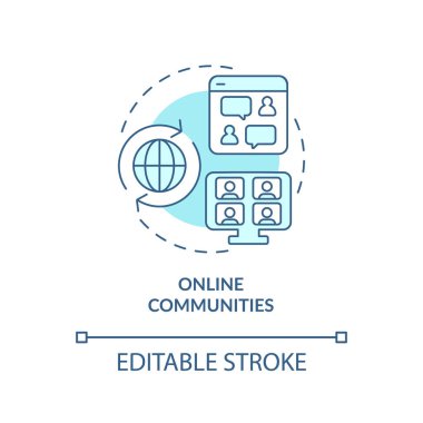 Çevrimiçi topluluk turkuaz konsept ikonu. Sosyal medya. Destek grubu. Bilgi paylaşımı. Profesyonel ağ kurma soyut fikri ince çizgi çizimi. İzole bir taslak çizim. Düzenlenebilir vuruş