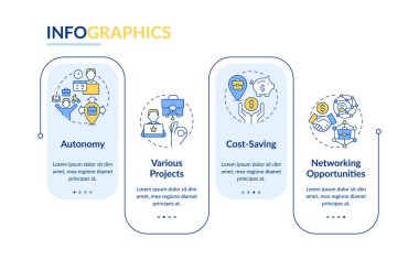 Dijital göçebe profesyoneller olarak bilgi şablonu oluşturun. İnternet işi. Veri görselleştirmesi 4 adımda. Düzenlenebilir zaman çizelgesi. Satır simgeleriyle çalışma akışı düzeni. Kullanılan Lato Kalın, Düzenli yazı tipleri