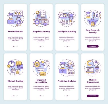 Eğitimde yapay zekayı temsil eden 2B çoklu renk simgeleri, doğrusal kavramlarla grafik talimatları, uygulama ekranı.