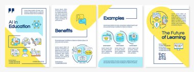 Eğitimde yapay zeka mavi ve sarı broşür şablonu, doğrusal simgelerle kaplama tasarımı. Öğrenmenin geleceğini temsil eden 4 vektör düzeni.
