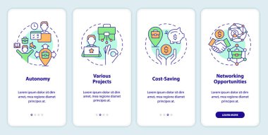 Mobil uygulama ekranında dijital göçebe profesyoneller olmak. Çevrimiçi iş yürütme 4 adım düzenlenebilir grafik talimatları doğrusal kavramlar ile. UI, UX, GUI şablonu. Kullanılan sayısız Pro-Kalın, Düzenli yazı tipleri