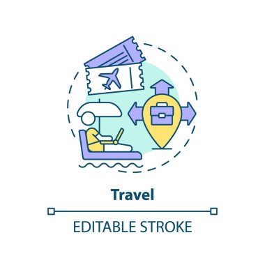 Seyahat konsepti simgesi. Wi-fi bölgesi. Bilgisayarda çalışıyorum. Serbest çalışan biri. E işi. İş fırsatı. Laptop yaşam tarzı soyut fikir ince çizgi çizimi. İzole bir taslak çizim. Düzenlenebilir vuruş