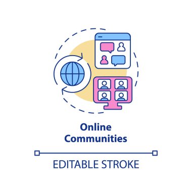 Çevrimiçi toplum konsepti ikonu. Sosyal medya. Destek grubu. Bilgi paylaşımı. E işi. Profesyonel ağ kurma soyut fikri ince çizgi çizimi. İzole bir taslak çizim. Düzenlenebilir vuruş