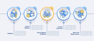 Uzak çalışma dezavantajları daire bilgi şablonu. Serbest meslek. Veri görselleştirmesi 5 adımda. Düzenlenebilir zaman çizelgesi. Satır simgeleriyle çalışma akışı düzeni. Kullanılan Lato Kalın, Düzenli yazı tipleri