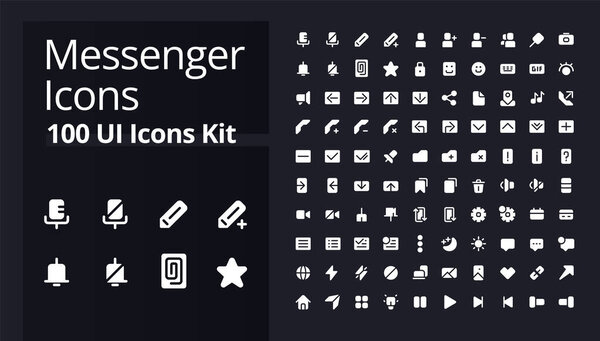 Messenger application white glyph ui icons kit for dark mode. App features. Silhouette symbols on black background. Solid pictograms for web, mobile. Vector isolated illustrations. Poppins font used