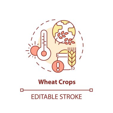 Düzenlenebilir buğday ekinleri ikonu ısı enflasyonu kavramını temsil ediyor, izole vektör, küresel ısınma etkisi ince çizgi çizimi.