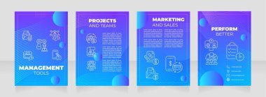 Yönetim araçları mavi önceden yapılmış broşür şablonu. Görev yöneticisi. Online proje. Simgeli iş geliştirme kitapçığı tasarımı, kopyalama alanı. Düzenlenebilir 4 düzen. Montserrat ve Roboto Light yazı tipleri