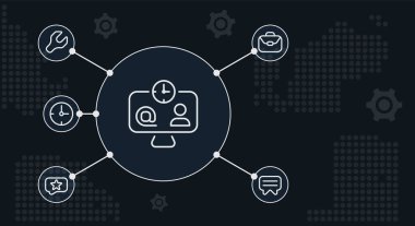 Operasyon yönetimi konsept afiş şablonu. İş verimliliği. Çalışanların nişan takibi. İşlem kontrolü. Simgeli siyah arkaplan bilgileri. Düzenlenebilir vektör illüstrasyonu.