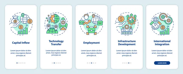 stock vector Linear icons representing foreign direct investment mobile app screen set. 5 steps editable graphic instructions, UI, UX, GUI template.