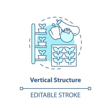 Dikey çiftçiliği ve hidroponik konsepti temsil eden 2B düzenlenebilir dikey yapı ikonu, izole vektör, ince çizgi çizimi.