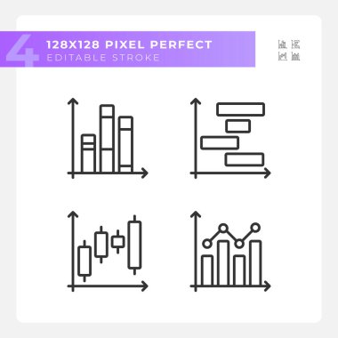 Borsa doğrusal simgeleri ayarlandı. Para çizelgeleri. Yatırım stratejisi. Finansal veriler. Ticaret şirketi. Özelleştirilebilir ince çizgi sembolleri. İzole vektör çizimi çizimleri. Düzenlenebilir vuruş