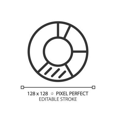 Donut grafiği doğrusal simgesi. Rekabet analizi. Müşteri segmentasyonu. Veri dağılımı. Sunum grafiği. İnce çizgili çizim. Contour sembolü. Vektör çizimi. Düzenlenebilir vuruş